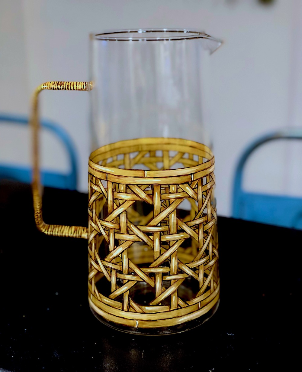 Hand Painted Wicker Pitcher and Glasses - SOLD - Image 2