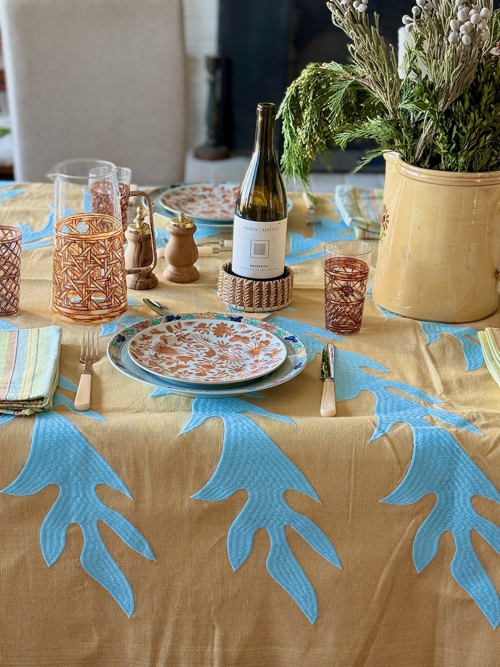 Embroidered Exotic Leaf Tablecloth - Dijon/Blue - Image 3