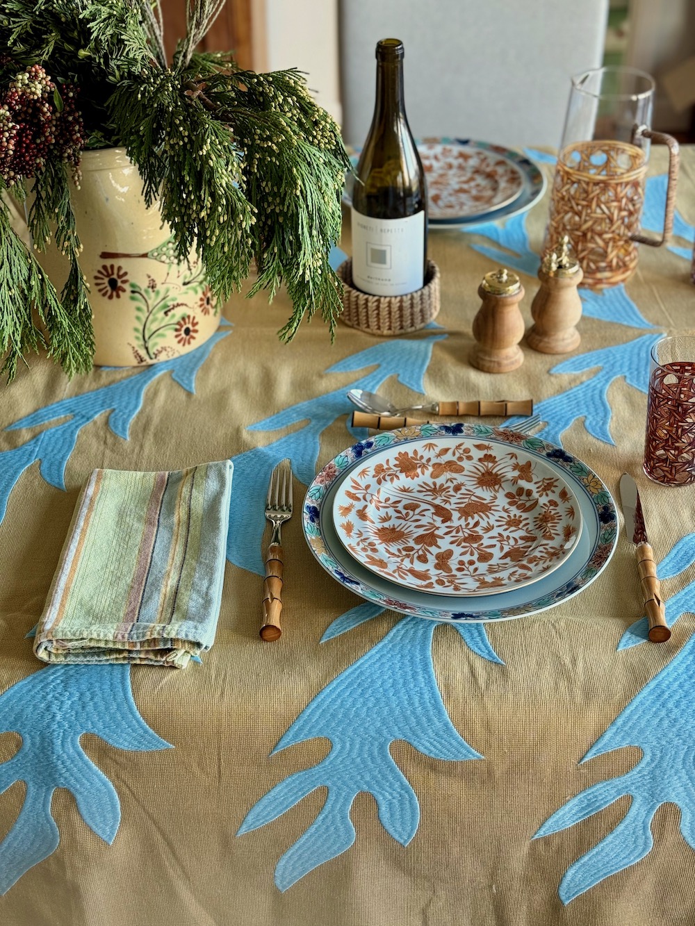 Embroidered Exotic Leaf Tablecloth - Dijon/Blue - Image 4