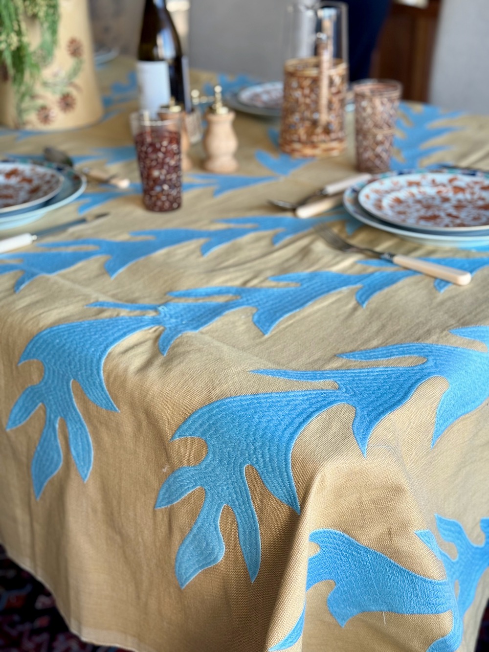 Embroidered Exotic Leaf Tablecloth - Dijon/Blue - Image 5