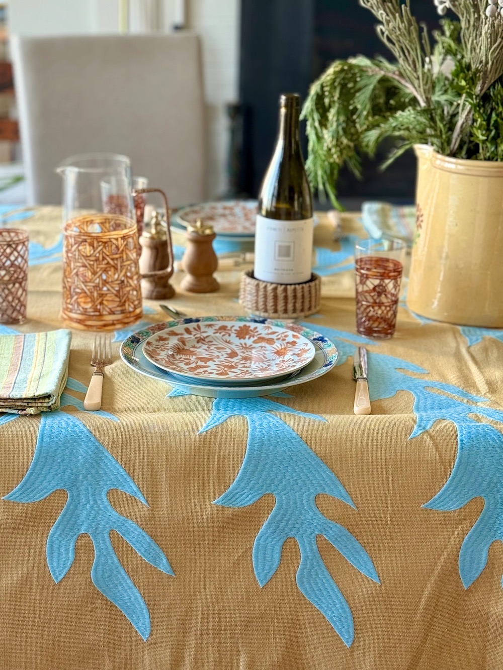 Embroidered Exotic Leaf Tablecloth - Dijon/Blue - Image 6