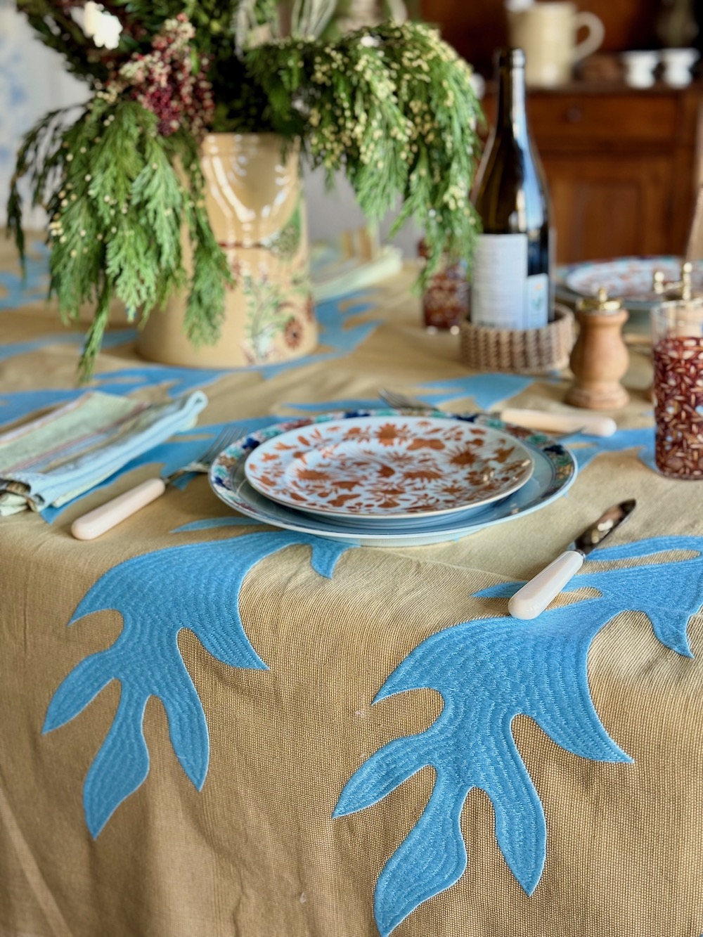 Embroidered Exotic Leaf Tablecloth - Dijon/Blue - Image 7