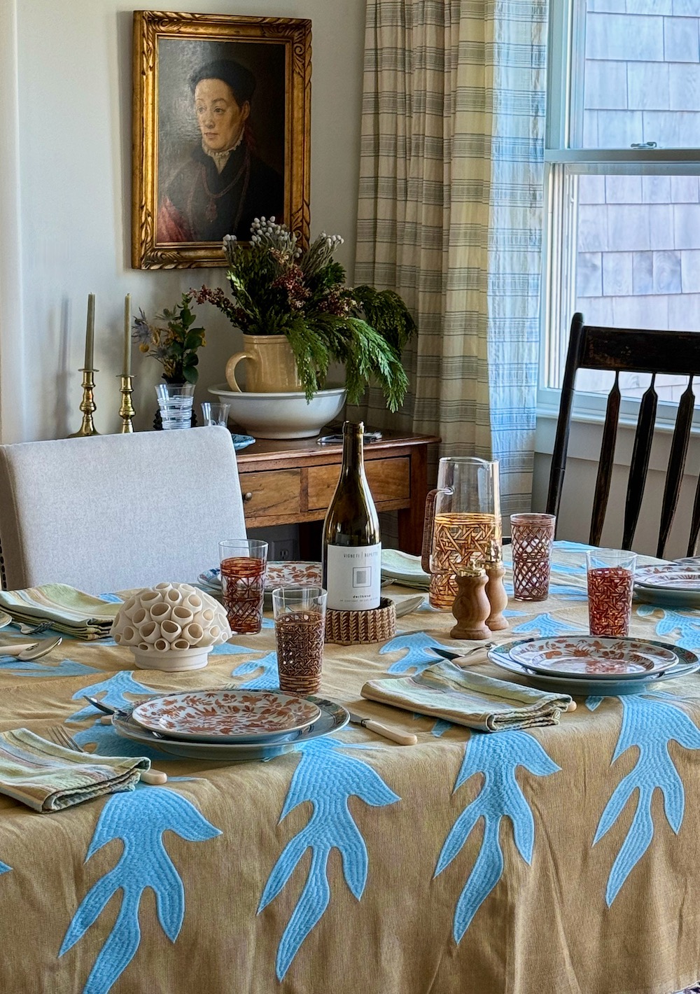 Embroidered Exotic Leaf Tablecloth - Dijon/Blue - Image 2