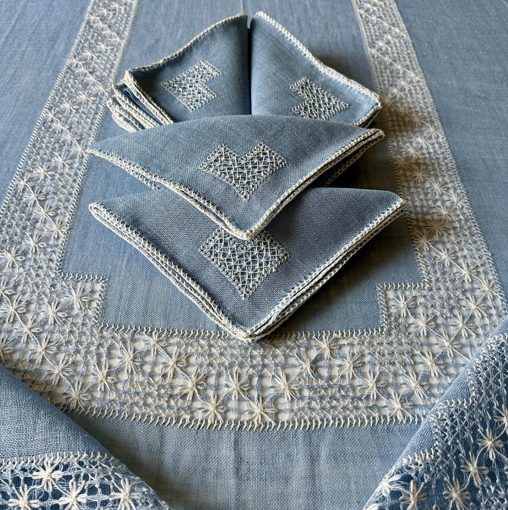 Vintage Blue & White Embroidered Tablecloth Set