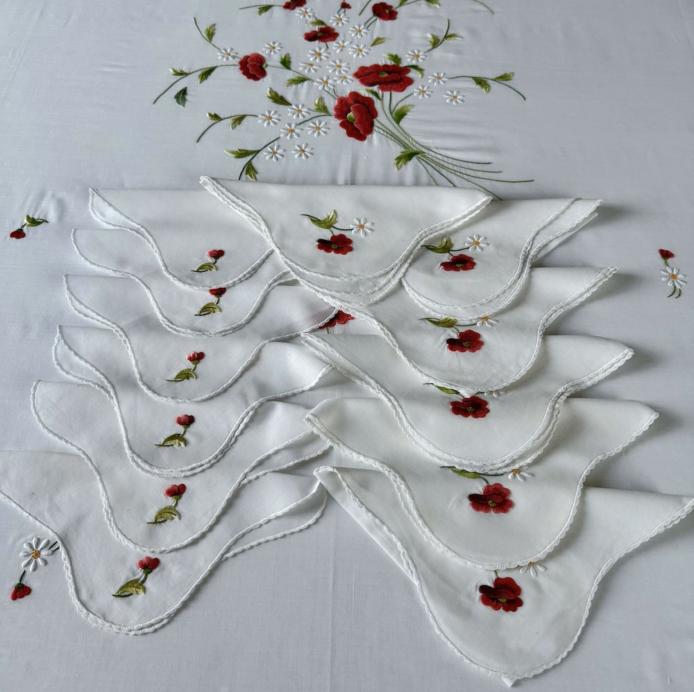 Vintage Hand Embroidered Floral Table Linens Set - Image 5