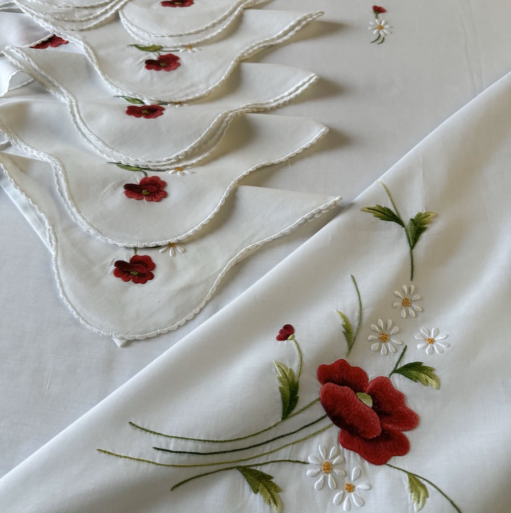Vintage Hand Embroidered Floral Table Linens Set - Image 7