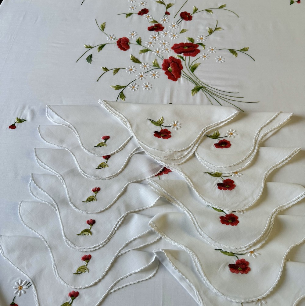 Vintage Hand Embroidered Floral Table Linens Set - Image 8