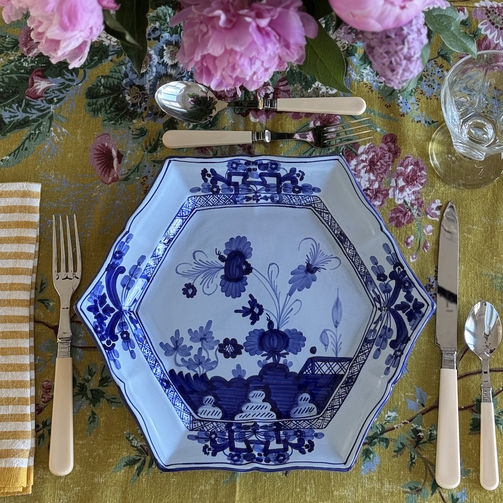 Blue Carnation hexagonal dinner plate via Quintessence